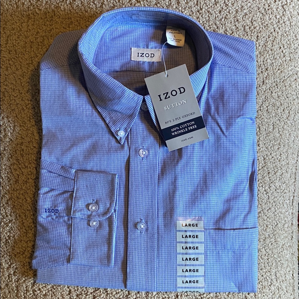 🆕 Izod NWT Dress Shirt Men’s Button Down Sutton 2 Ply Cotton Oxford Blue, Large